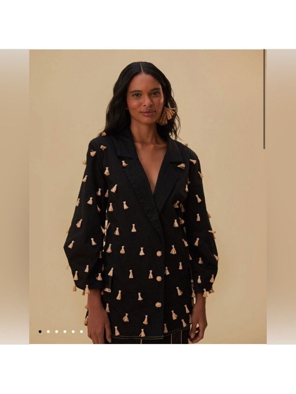 Farm Rio Black Raffia Fringed Blazer